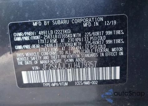 2020 Subaru Forester Premium from USA, damaged, VIN JF2SKAJCXLH479357